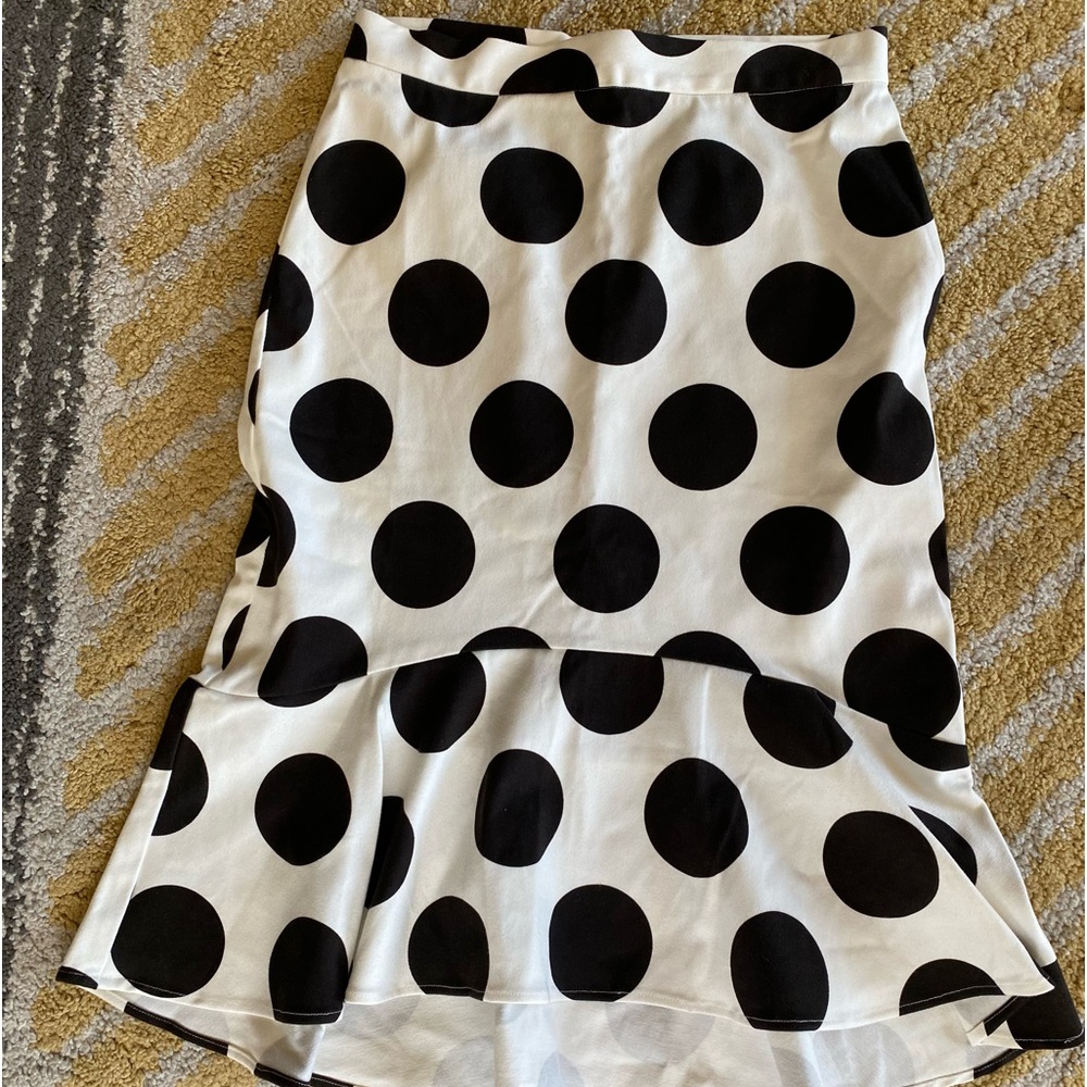 Maeve Black and White Polka Dot Midi Skirt High/low hem 6